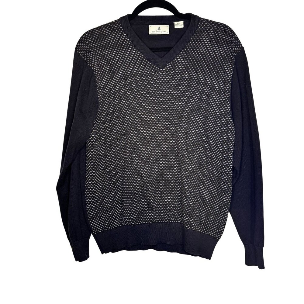 Southern Pines Mens Black and White V-Neck Cotton Sweater SZ Medium